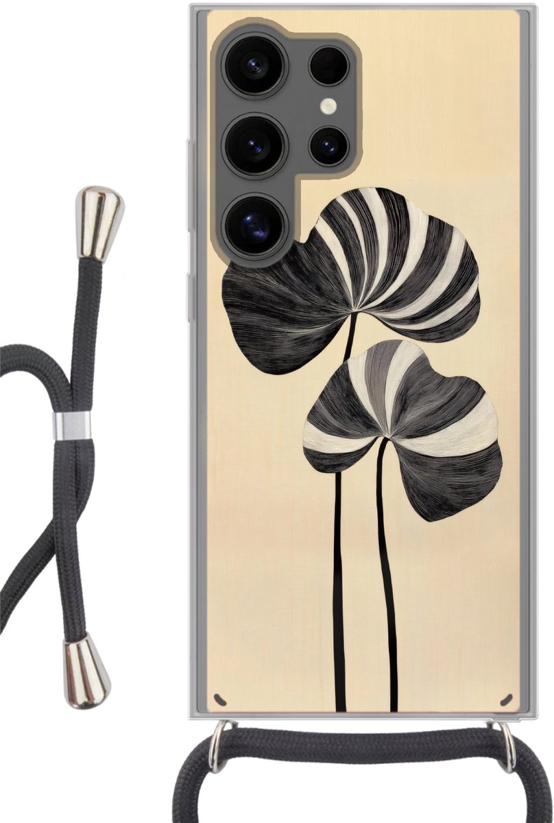 Telefoonhoesje Geschikt voor Samsung Galaxy S24 Ultra - Zwart - Bladeren - Strepen - Minimalistisch - Siliconen - Crossbody - Backcover met Koord - Telefoonhoesje met koord - Hoesje met touw Telefoonhoesje