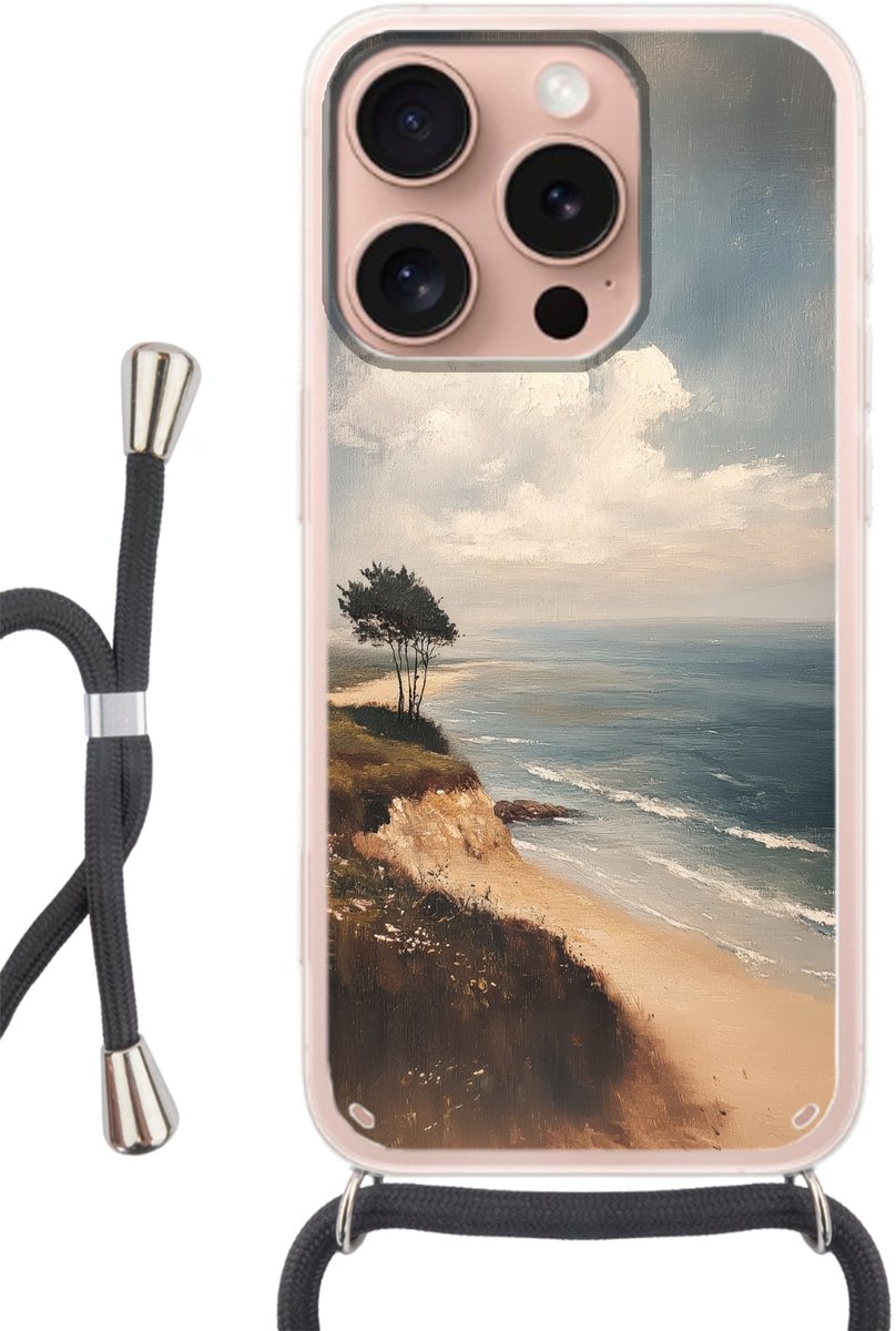 Telefoonhoesje Geschikt voor iPhone 16 Pro - Klif - Zee - Boom - Siliconen - Crossbody - Backcover met Koord - Telefoonhoesje met koord - Hoesje met touw Telefoonhoesje