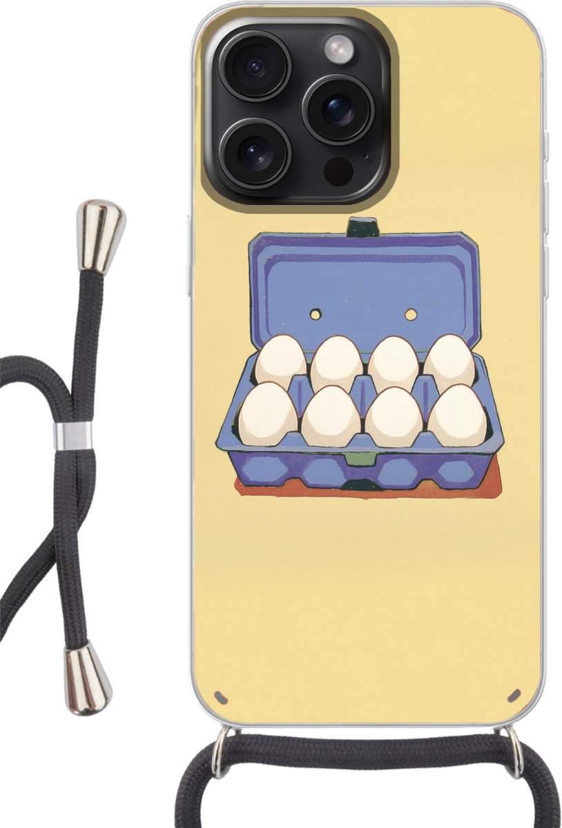 Telefoonhoesje Geschikt voor iPhone 15 Pro Max - Eieren - Doos - Minimalistisch - Blauw - Siliconen - Crossbody - Backcover met Koord - Telefoonhoesje met koord - Hoesje met touw Telefoonhoesje