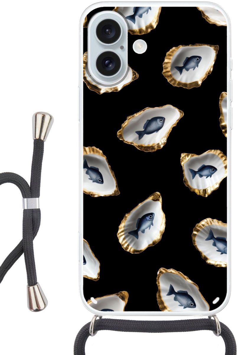 Telefoonhoesje Geschikt voor iPhone 16 Plus met koord - Oesters - Vissen - Blauw - Goud - Siliconen - Crossbody - Backcover met Koord - Telefoonhoesje met koord - Hoesje met touw Telefoonhoesje