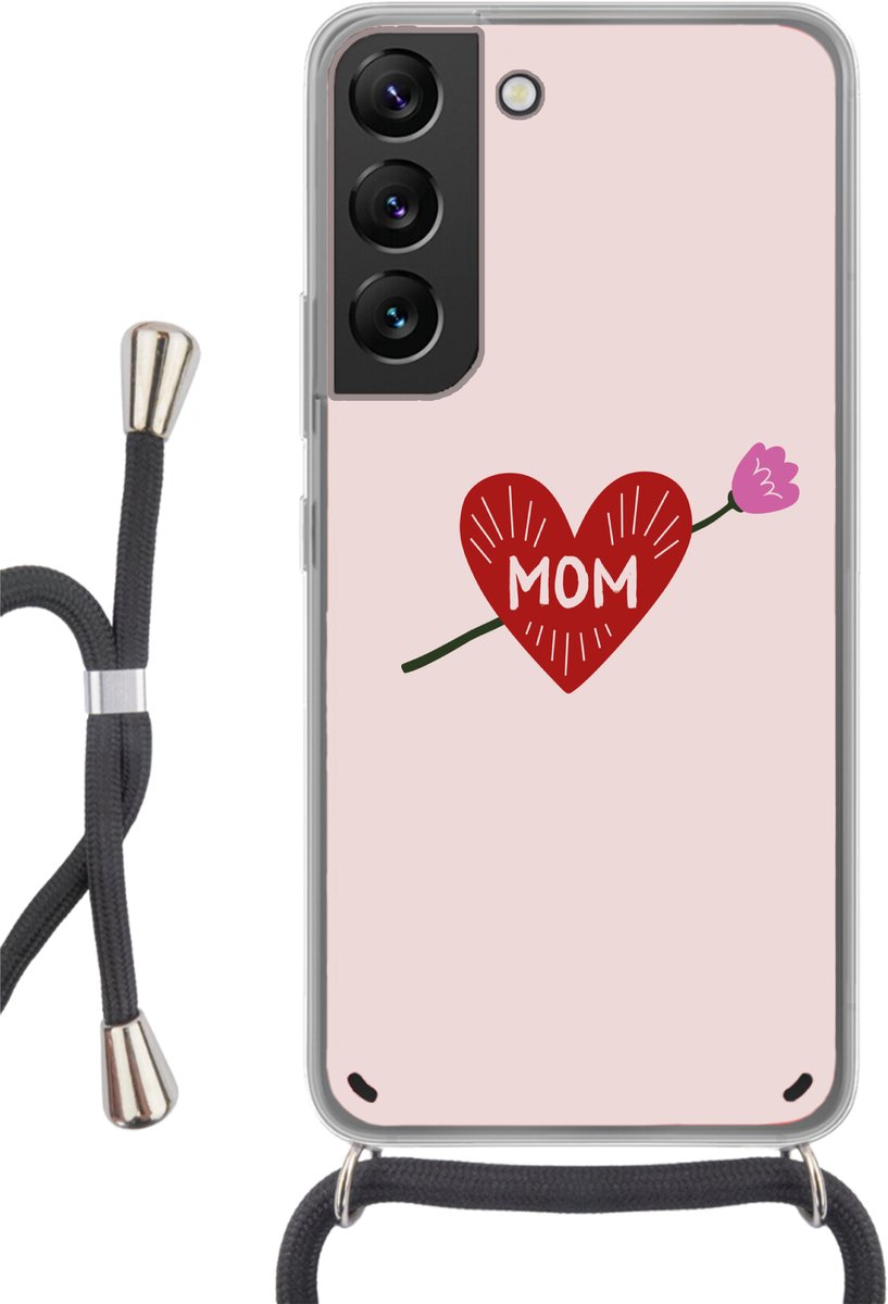 Telefoonhoesje Geschikt voor Samsung Galaxy S22 - Hart - Rood - Bloem - Moeder - Siliconen - Crossbody - Backcover met Koord - Telefoonhoesje met koord - Hoesje met touw Telefoonhoesje