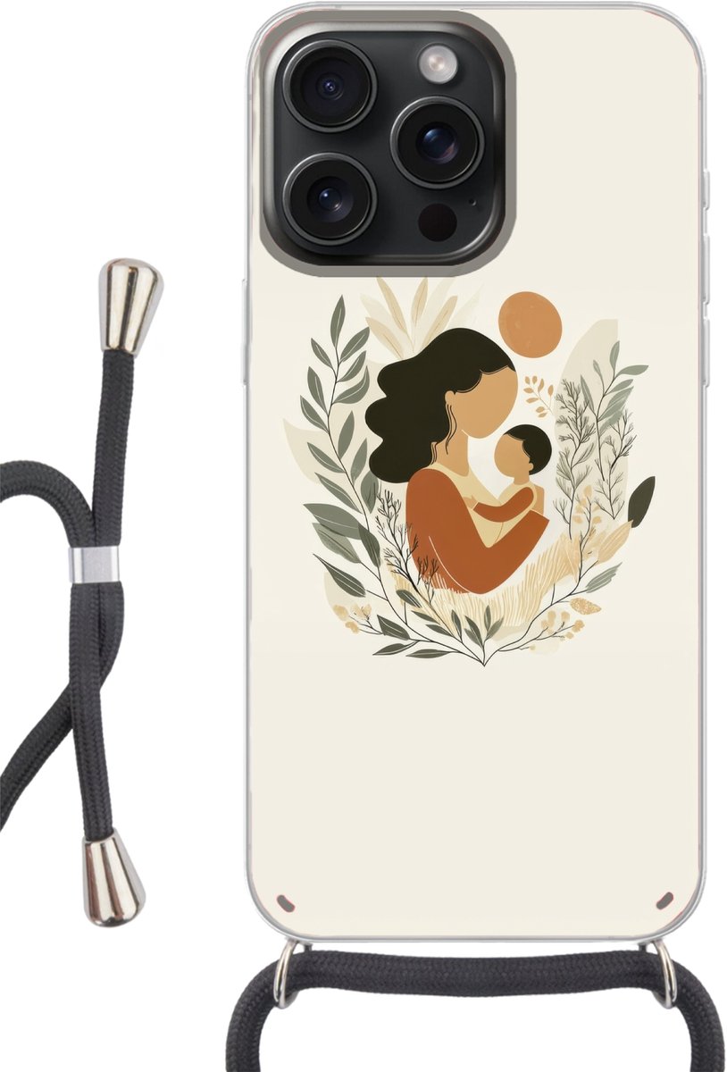Telefoonhoesje Geschikt voor iPhone 15 Pro Max - Illustratie - Moeder - Kind - Liefdevol - Siliconen - Crossbody - Backcover met Koord - Telefoonhoesje met koord - Hoesje met touw Telefoonhoesje