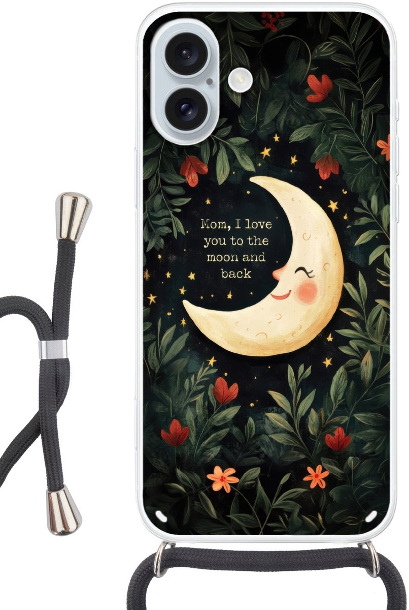 Telefoonhoesje Geschikt voor iPhone 16 Plus met koord - Maan - Quote - Bloemen - Sterren - Siliconen - Crossbody - Backcover met Koord - Telefoonhoesje met koord - Hoesje met touw Telefoonhoesje