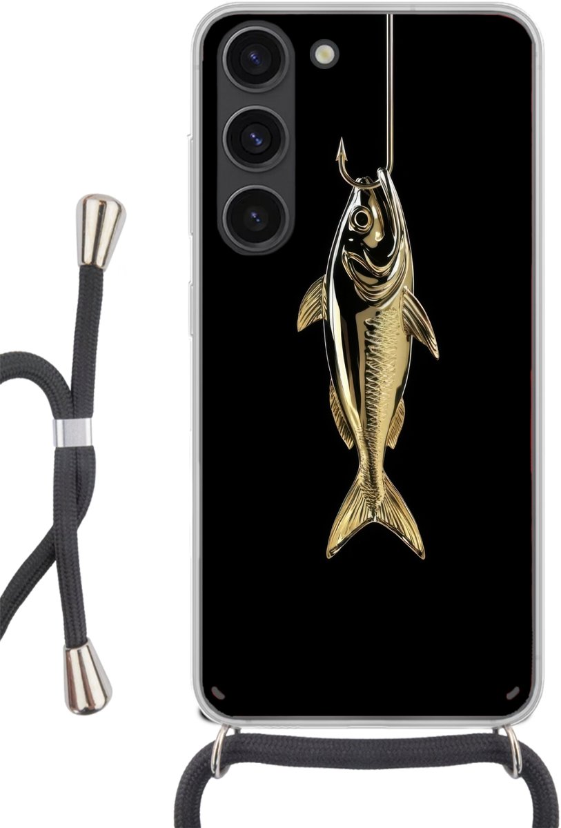 Telefoonhoesje Geschikt voor Samsung Galaxy S23 - Goud - Vis - Haak - Zwart - Siliconen - Crossbody - Backcover met Koord - Telefoonhoesje met koord - Hoesje met touw Telefoonhoesje