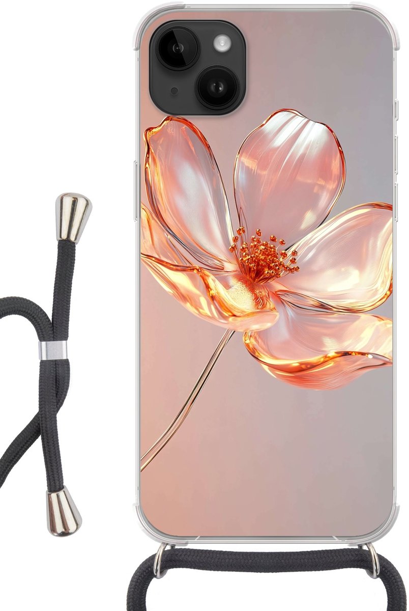 Telefoonhoesje Geschikt voor Apple Iphone 14 Max - Glazen - Bloem - Roze - Siliconen - Crossbody - Backcover met Koord - Telefoonhoesje met koord - Hoesje met touw Telefoonhoesje