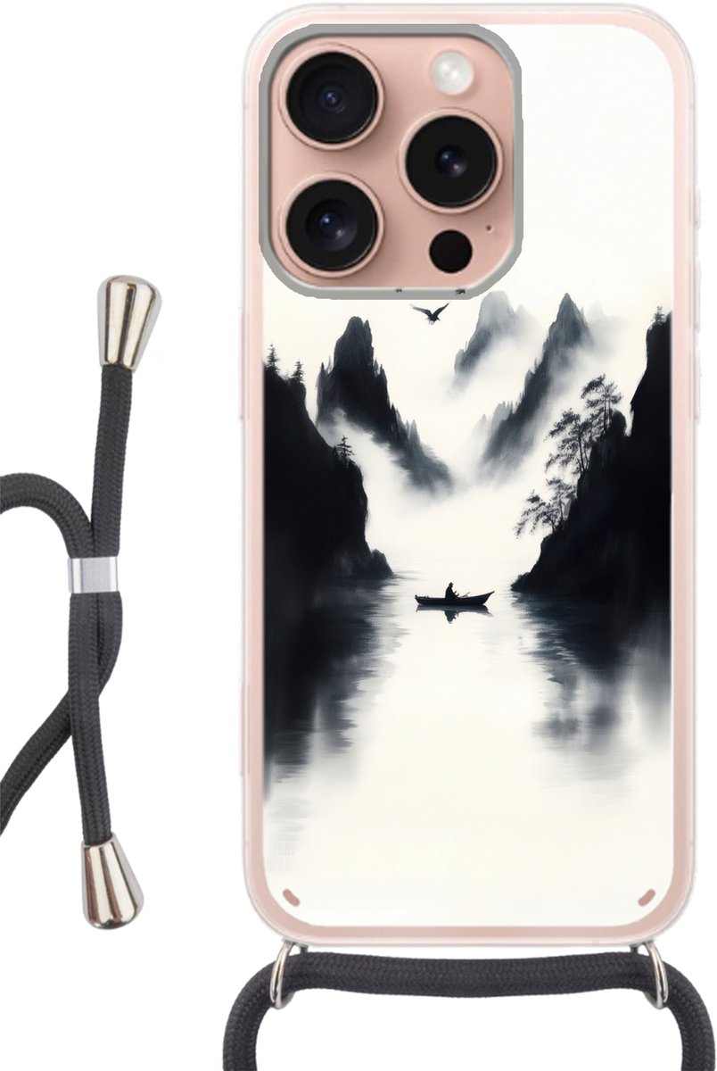 Telefoonhoesje Geschikt voor iPhone 16 Pro - Roeiboot - Mistig - Bergen - Vogels - Siliconen - Crossbody - Backcover met Koord - Telefoonhoesje met koord - Hoesje met touw Telefoonhoesje