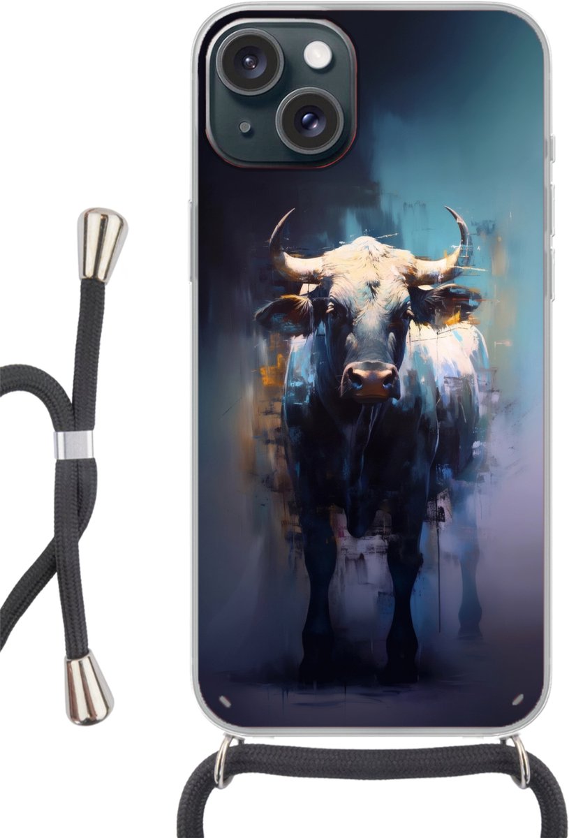 Telefoonhoesje Geschikt voor iPhone 15 - Stier - Zwart - Abstract - Horens - Siliconen - Crossbody - Backcover met Koord - Telefoonhoesje met koord - Hoesje met touw Telefoonhoesje