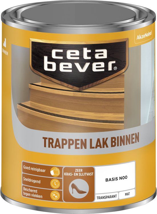 Blik "CetaBever TRAPPEN LAK BINNEN", transparant mat, met afbeelding van een houten trap.