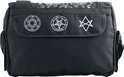 Zwarte tas klep met witte pentagrammen en 'Banned Apparel'.