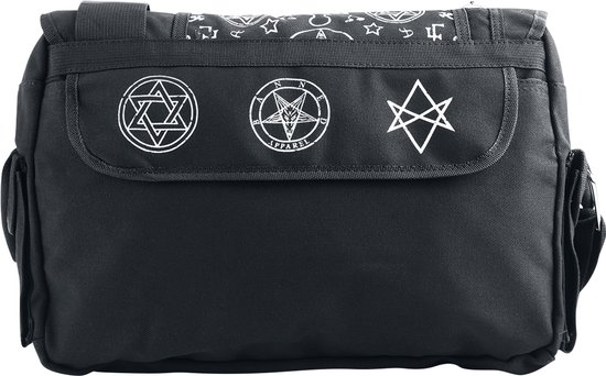 Zwarte tas klep met witte pentagrammen en 'Banned Apparel'.