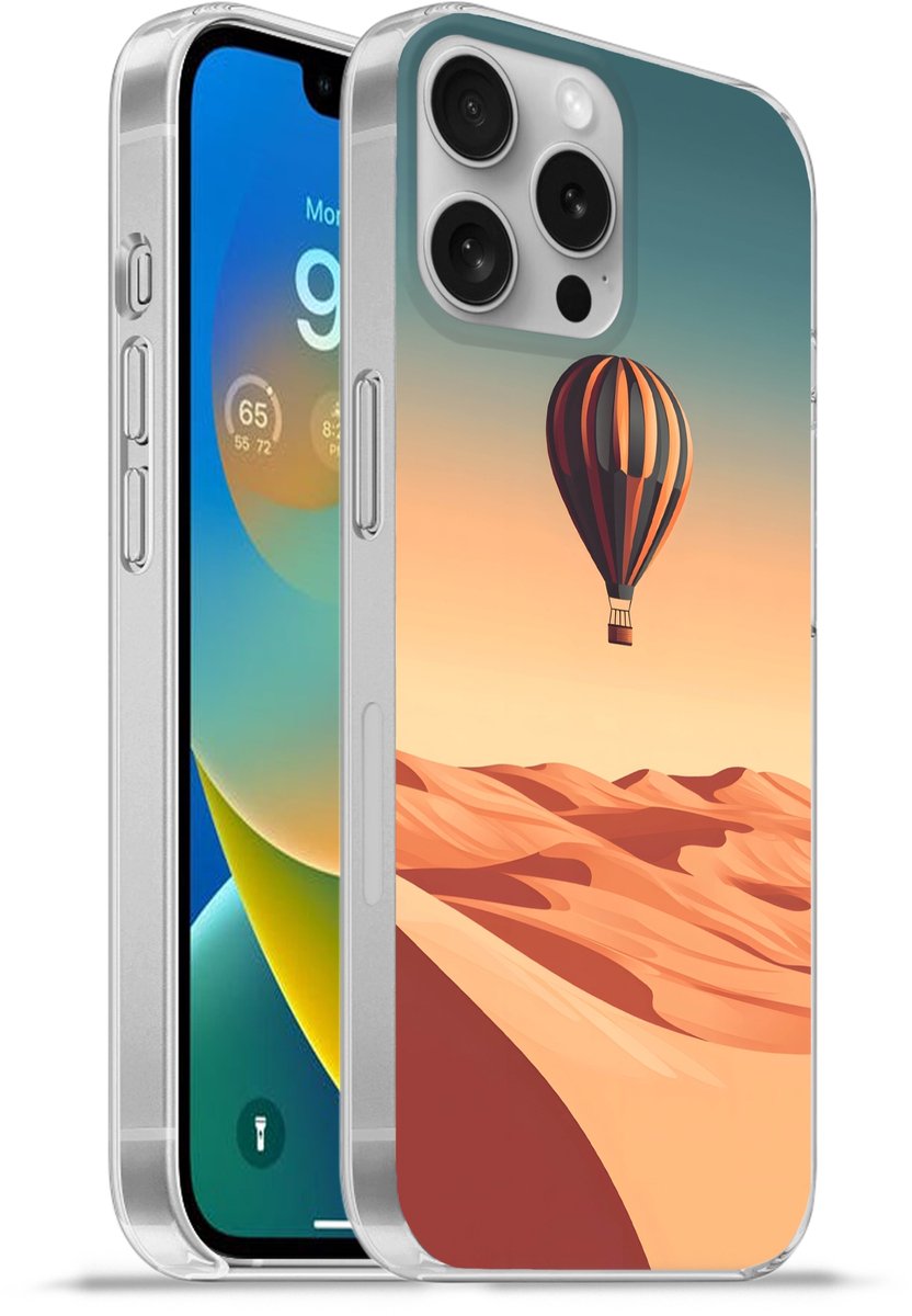 Telefoonhoesje Geschikt voor Apple Iphone 16 Pro Max hoesje - Luchtballon - Woestijn - Zonsondergang - Blauw - Siliconen Telefoonhoesje Telefoonhoesje
