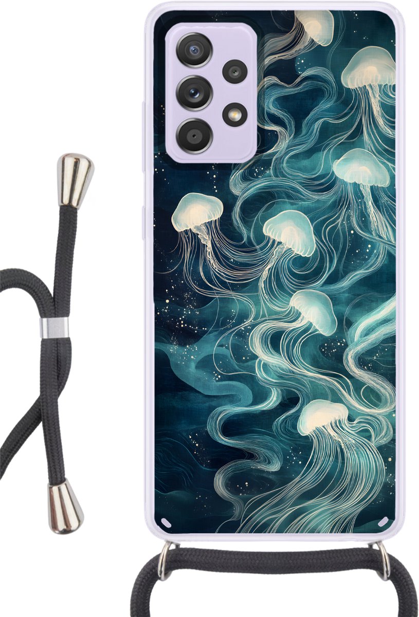 Telefoonhoesje Geschikt voor Samsung Galaxy A53 5G - Kwallen - Zee - Wit - Golven - Siliconen - Crossbody - Backcover met Koord - Telefoonhoesje met koord - Hoesje met touw Telefoonhoesje