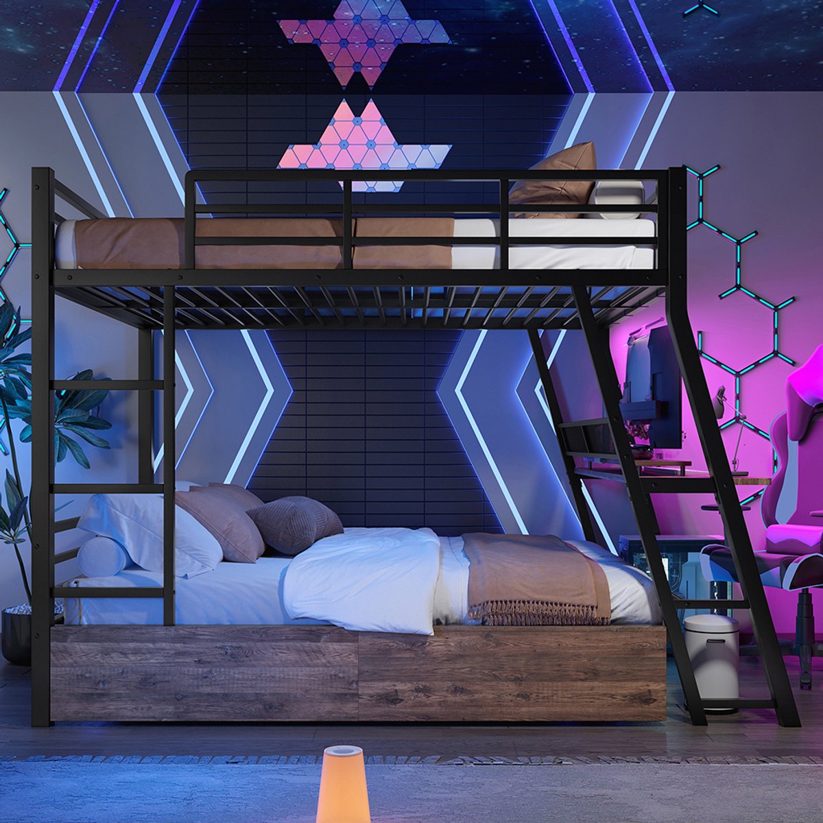 Pugsdrly Hoogslaper, 140 x 200 cm, ijzeren frame, ledstrip, lades, leuning, trap, bureau, zonder matras, zwart