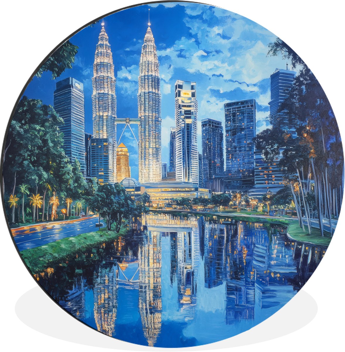 WallCircle Wandcirkel - Muurcirkel - Stad Kuala Lumpur - Skyline - Wolkenkrabbers - Water - Aluminium - Dibond - 90x90 cm - Binnen en Buiten Stad - Skyline