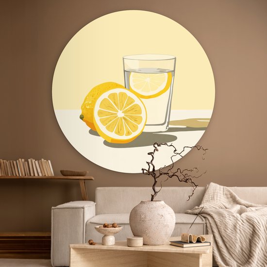WallCircle® Wandcirkel 120x120 cm - Muurcirkel Glas - Citroenschijfjes - Geel - Muurdecoratie woonkamer - Wanddecoratie slaapkamer - Kamer decoratie accessoires - Ronde schilderijen XXL