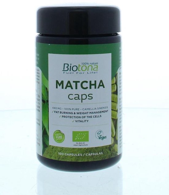 Biotona Matcha Caps pot met 100 capsules. Groen etiket met 'Matcha caps', '100% pure camellia sinensis', 'Fat burning & weight management', 'Protection of the cells', 'Vitality'.