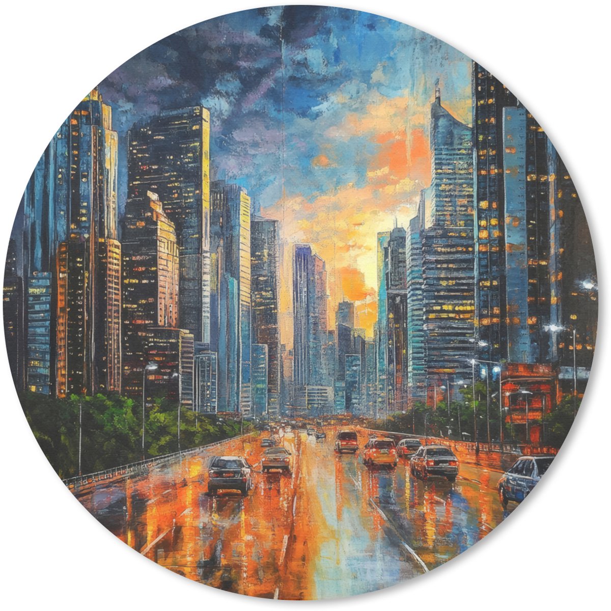 Muismat rond 50x50 cm - Mousepad Auto - Skyline - Zon - Blauw - Ronde muismatten
