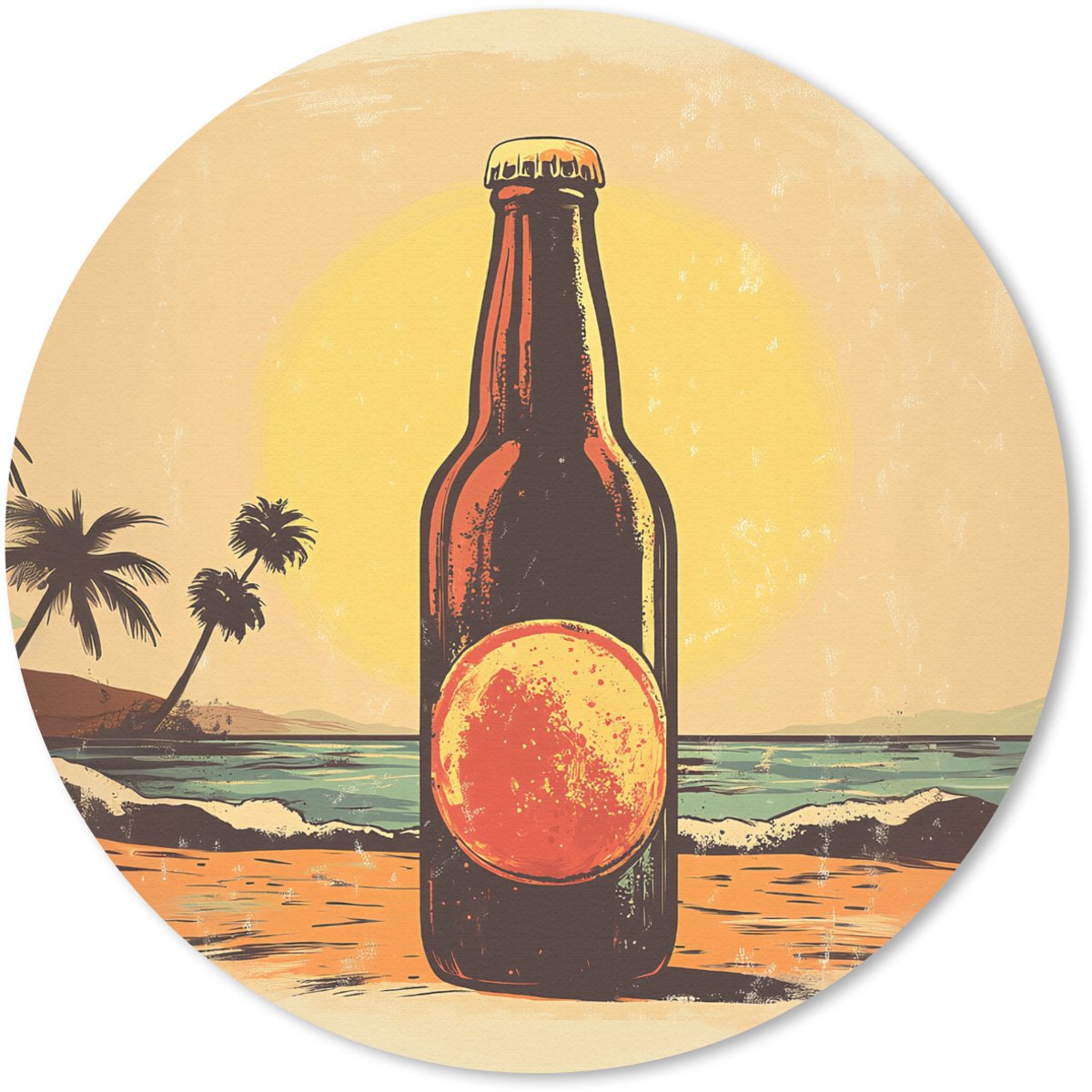 Muismat rond 50x50 cm - Mousepad Bierfles - Zonsondergang - Palmbomen - Zee - Ronde muismatten