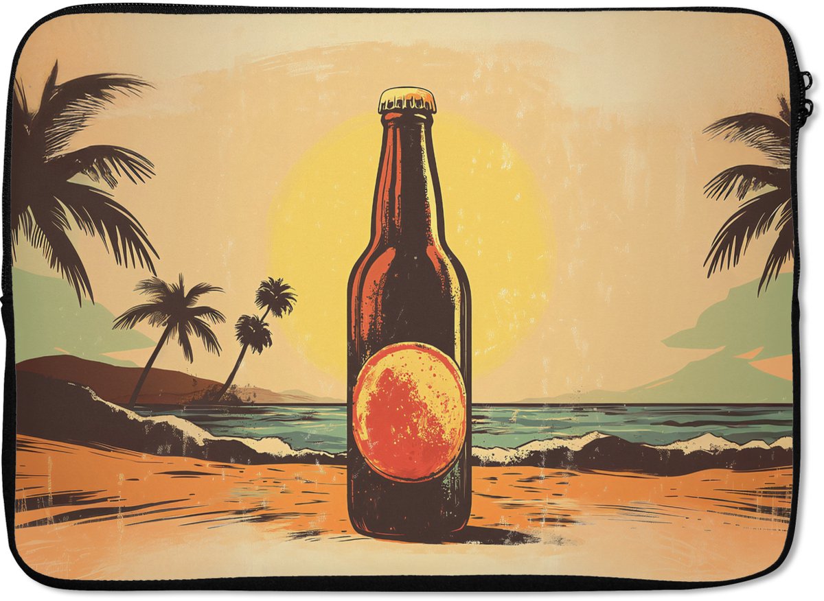 Laptophoes 14 inch - Bierfles - Zonsondergang - Palmbomen - Zee - Laptop sleeve - Binnenmaat 33x23 cm - Zwarte achterkant