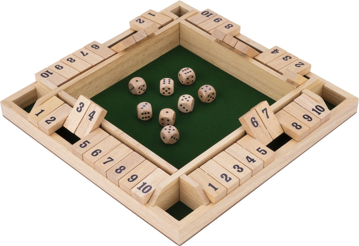 Shut the Box – 4 Spelers – Rubberhouten Bak met Ingelegd Vilt – Inclusief 8 Houten Dobbelstenen – Bordspel 29 x 29 x 3,5 cm – Strategisch Familiespel – Engelhart — afbeelding 7