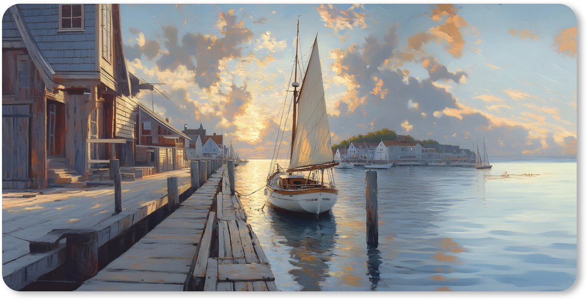 Muismat XXL 100x50 cm - Bureau onderlegger - Bureau mat Zeilboot - Zon - Pier - Hout - Bureaumat - Gaming mousepad xl - Bureaulegger groot - Computer deskmat