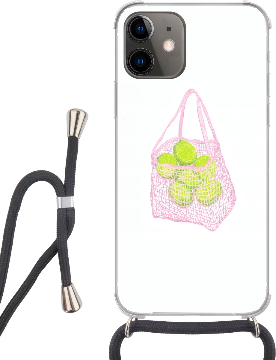 Telefoonhoesje Geschikt voor iPhone 12 Mini - Netzakje - Roze - Illustratie - Limoenen - Siliconen - Crossbody - Backcover met Koord - Telefoonhoesje met koord - Hoesje met touw Telefoonhoesje