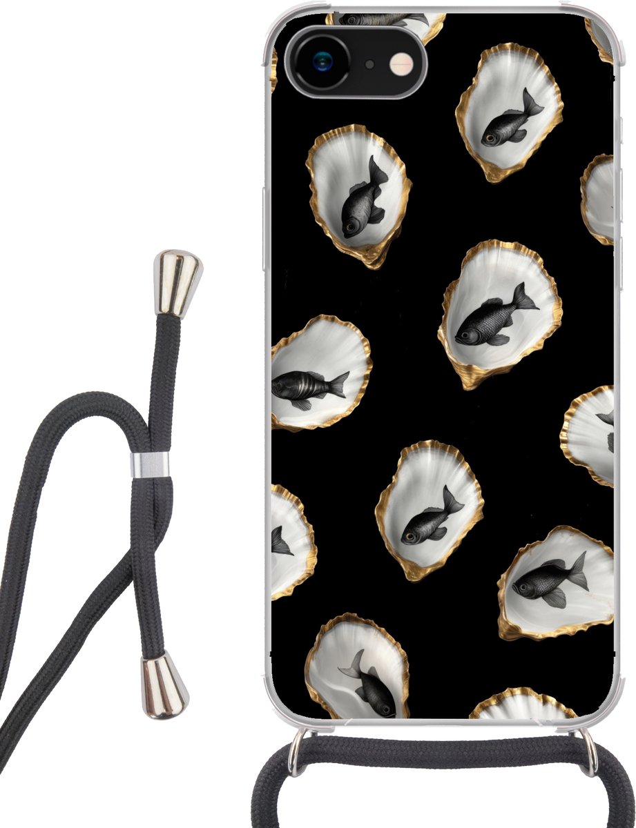 Telefoonhoesje Geschikt voor iPhone 7 - Oesters - Zwart - Vissen - Goud - Siliconen - Crossbody - Backcover met Koord - Telefoonhoesje met koord - Hoesje met touw Telefoonhoesje