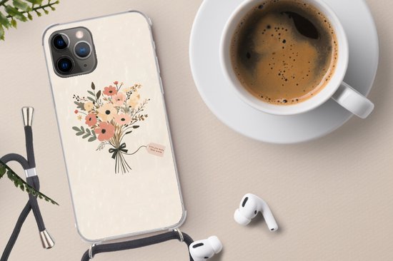 Transparante hoes met beige achtergrond en een boeket van perzikkleurige en roze bloemen. Bevat een zwart koord met zilveren details.