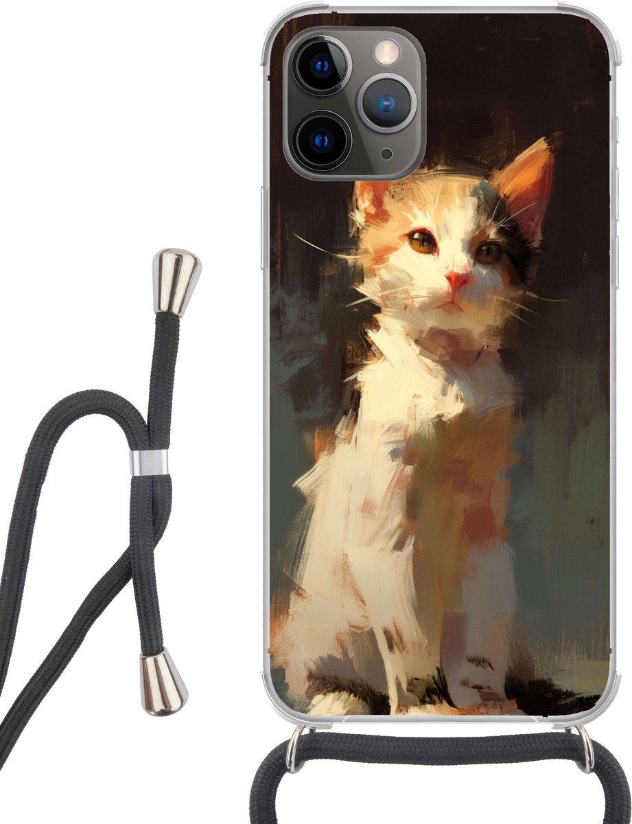 Telefoonhoesje Geschikt voor iPhone 11 Pro - Kat - Geschilderd - Artistiek - Wit - Siliconen - Crossbody - Backcover met Koord - Telefoonhoesje met koord - Hoesje met touw Telefoonhoesje