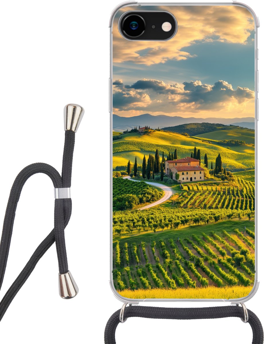 Telefoonhoesje Geschikt voor iPhone 8 - Toscane - Landschap - Wijngaarden - Siliconen - Crossbody - Backcover met Koord - Telefoonhoesje met koord - Hoesje met touw Telefoonhoesje