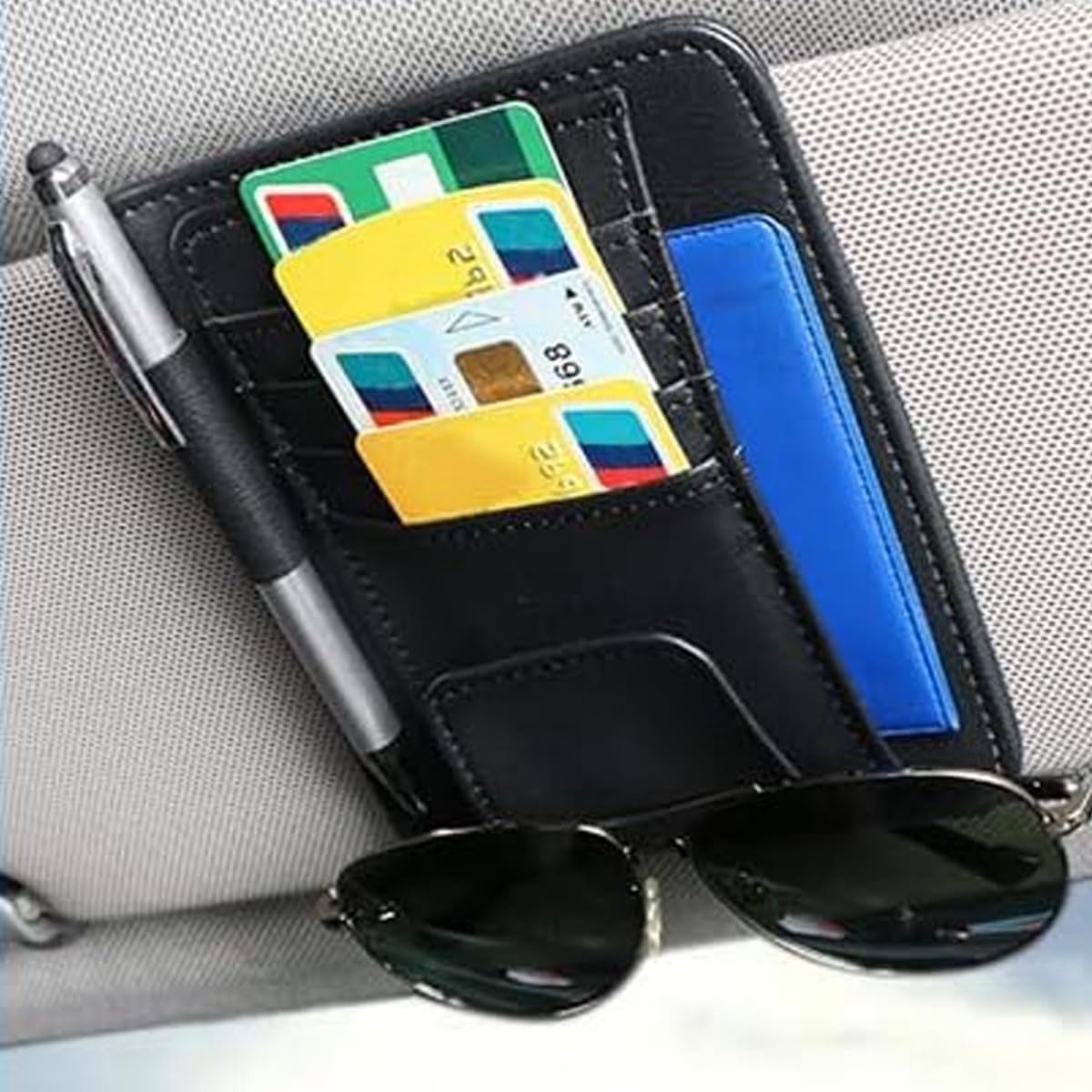 Image of 12.5 × 15.5cm Vizier Organizer Zonwering voor Auto,Zonneklep voor Auto van PU Leer,Organizer voor Autovizier,Zwarte Kaarthouder voor Zonneklep,Brilhouder van Leer met Opbergvakken,voor Kaartbrillen