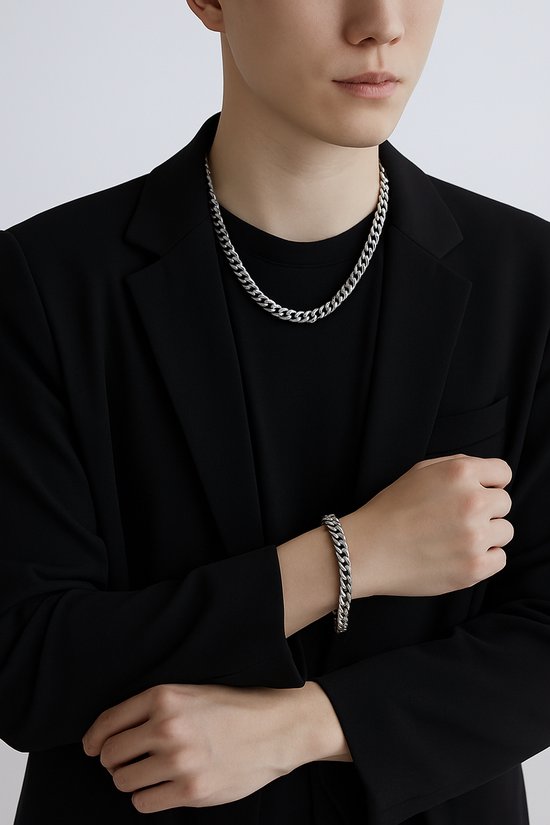 Parure de Bijoux à maillons cubains en acier inoxydable – Collier et bracelet en argent pour homme