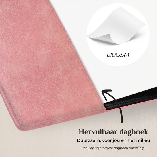 Roze, hervulbaar dagboek met 120GSM papier.