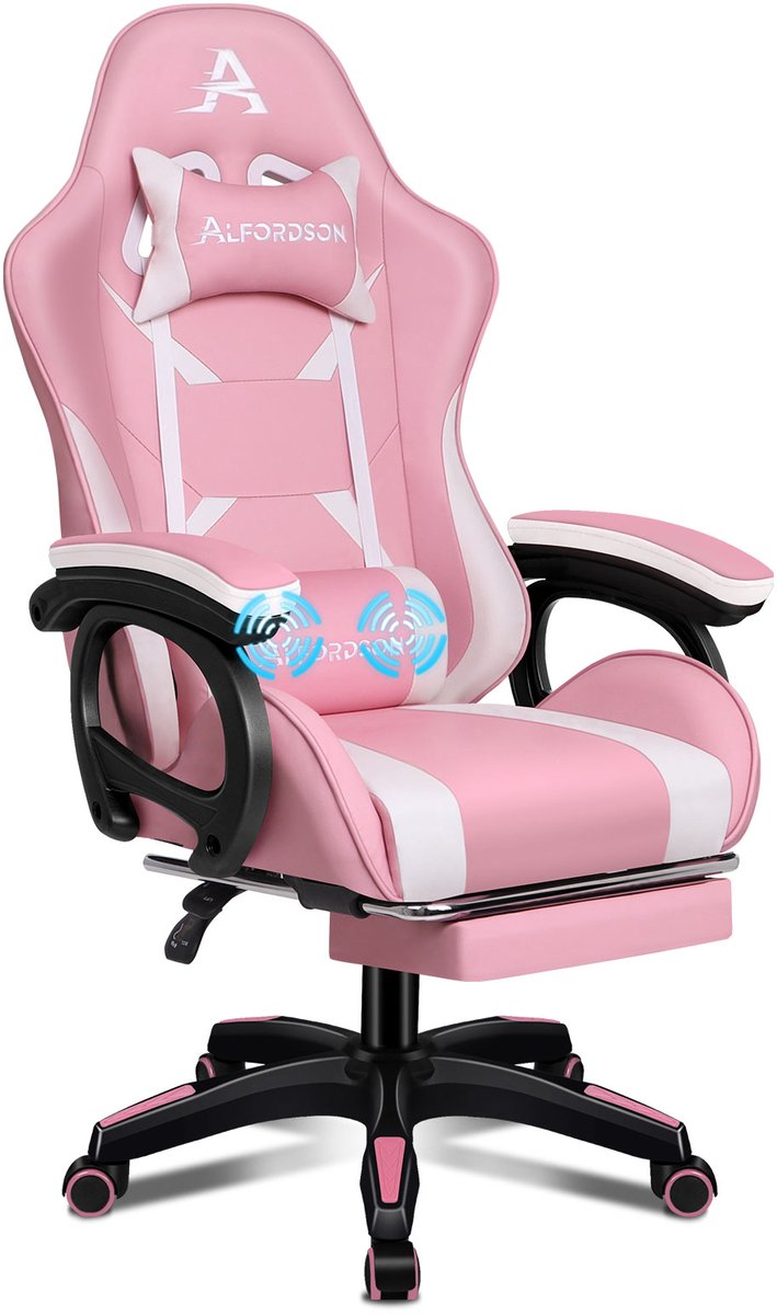 ALFORDSON gamingstoel met massagekussen voor de onderrug, extra groot, 5 massagestanden, USB-aansluiting (1 stuk), uitschuifbare voetsteun, rugleuning verstelbaar van 90° tot 155°, ergonomisch