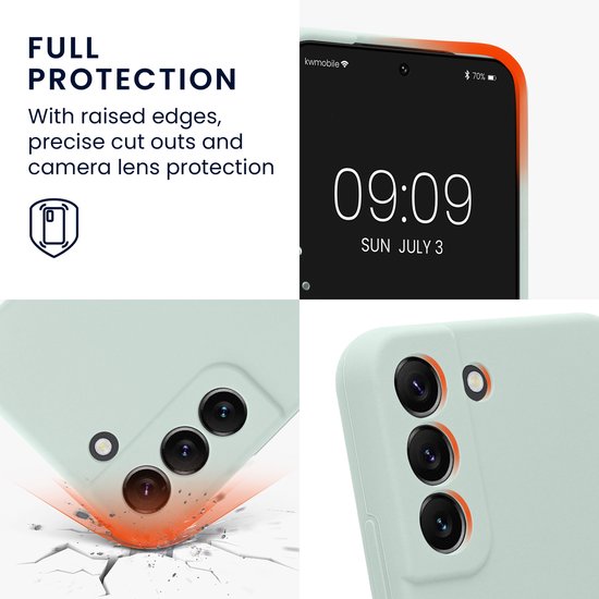 Gedetailleerde weergave van lichtgroene telefoonhoes: "Full Protection" met verhoogde randen, precieze uitsparingen, camerabescherming.