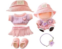 Poppenkleding voor 17 cm Labubu, Labubu kleding 5-delige Schattige Outfit voor Poppenaccessoires met camera, Unieke Stijl (Zonder Pop) Roze