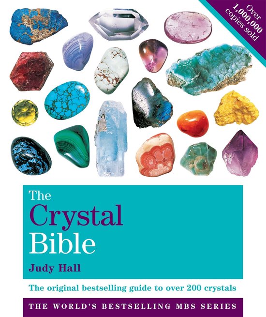 De voorkant van 'The Crystal Bible' met een collage van vele verschillende gekleurde kristallen en de tekst 'Over 1.000.000 exemplaren verkocht'.
