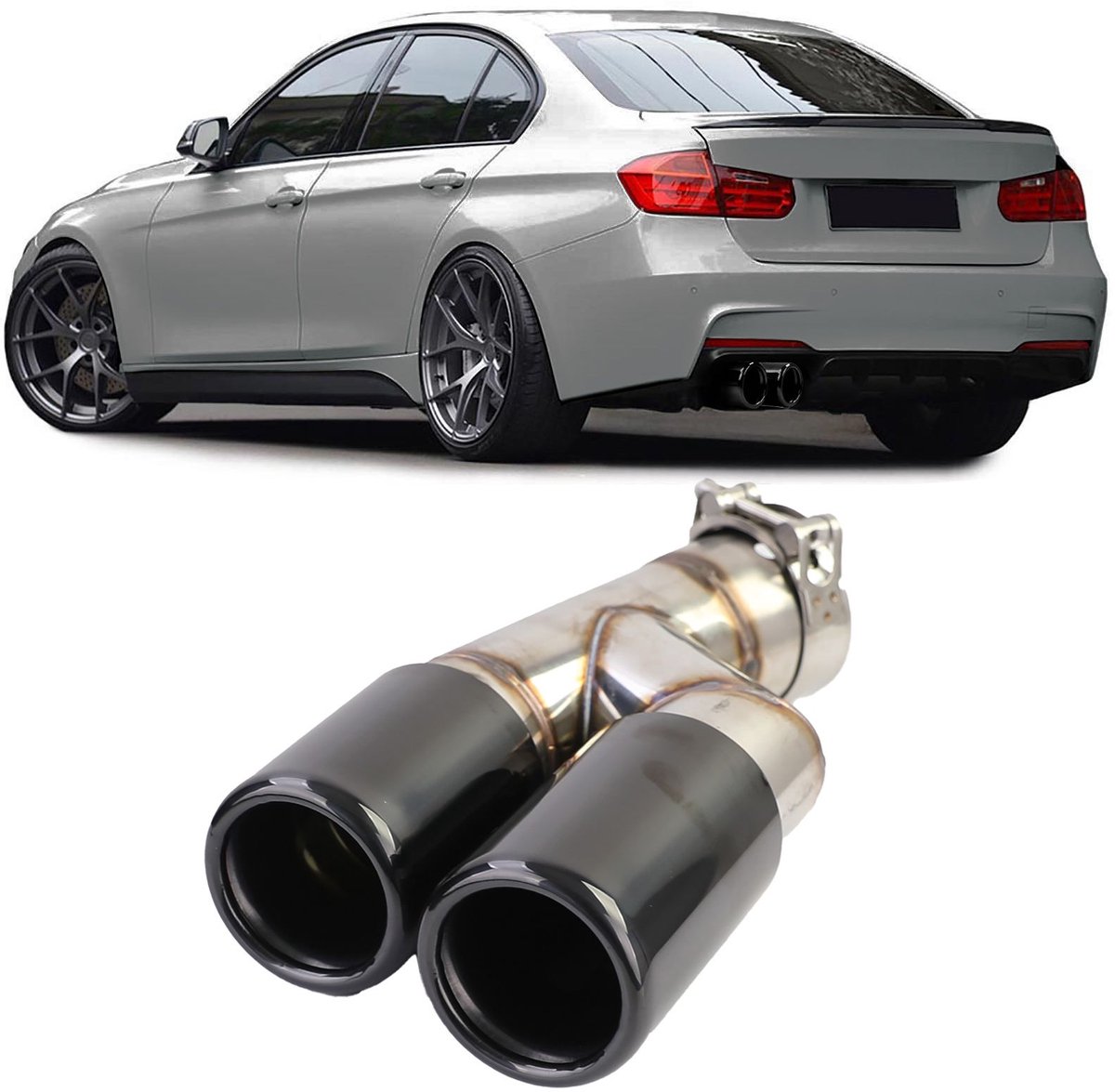 Dubbele Black Chrome Uitlaatpijp Uitlaat Sierstuk Geschikt voor BMW 3 Serie F30/F31 (316i, 318i/d, 320i/d)