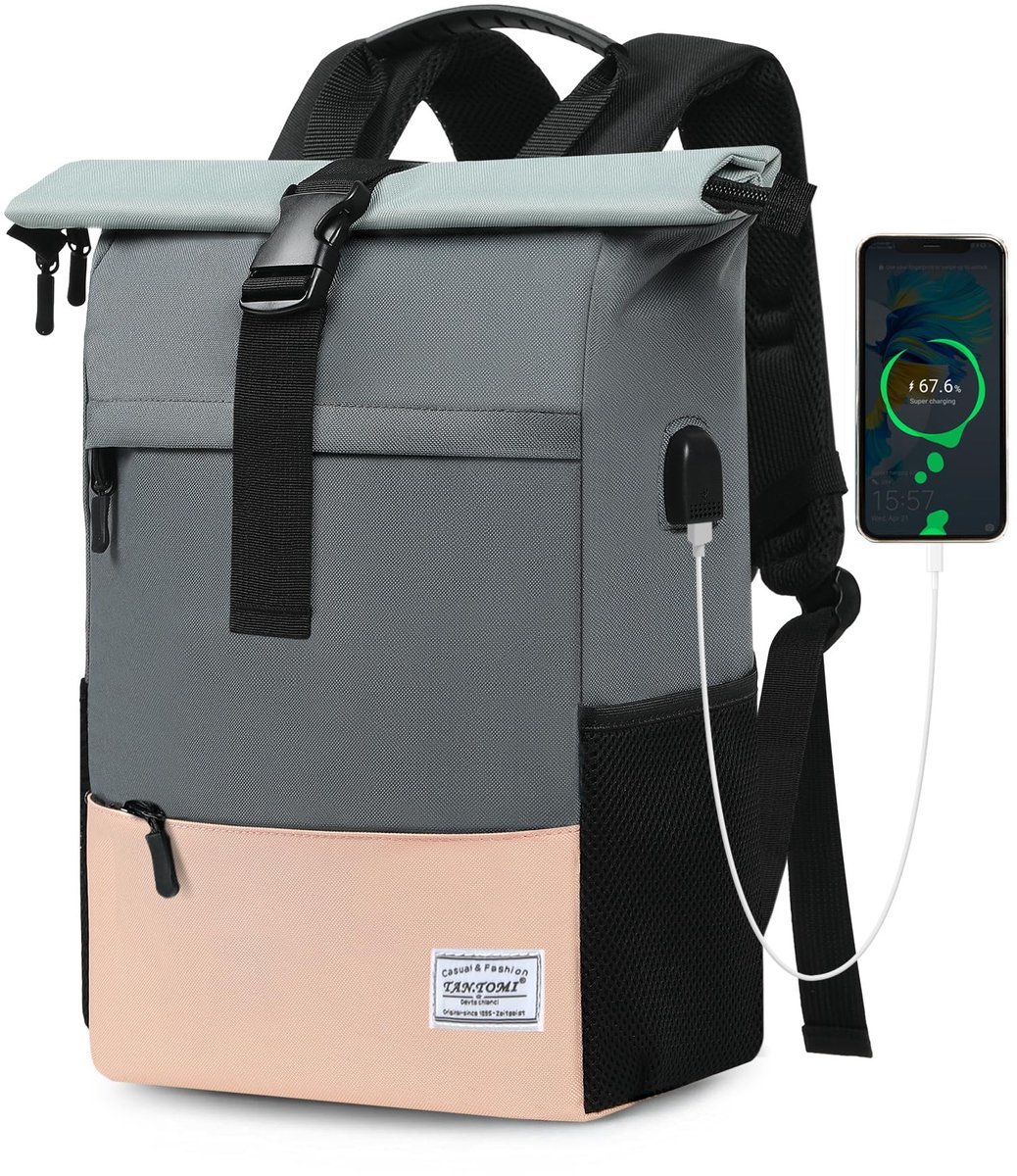 TANTOMI Rugzak Dames Groot, Laptop Rugzak Dames, Unisex Dagrugzakken Rolltop Rugzak Heren Waterdicht, Reisrugzak Casual Rugzak School Vrije tijd Universiteit Werk Hiken