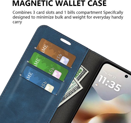 Blauw wallet telefoonhoesje met 3 kaartsleuven en geldvak. Telefoon met klok: 11:35.