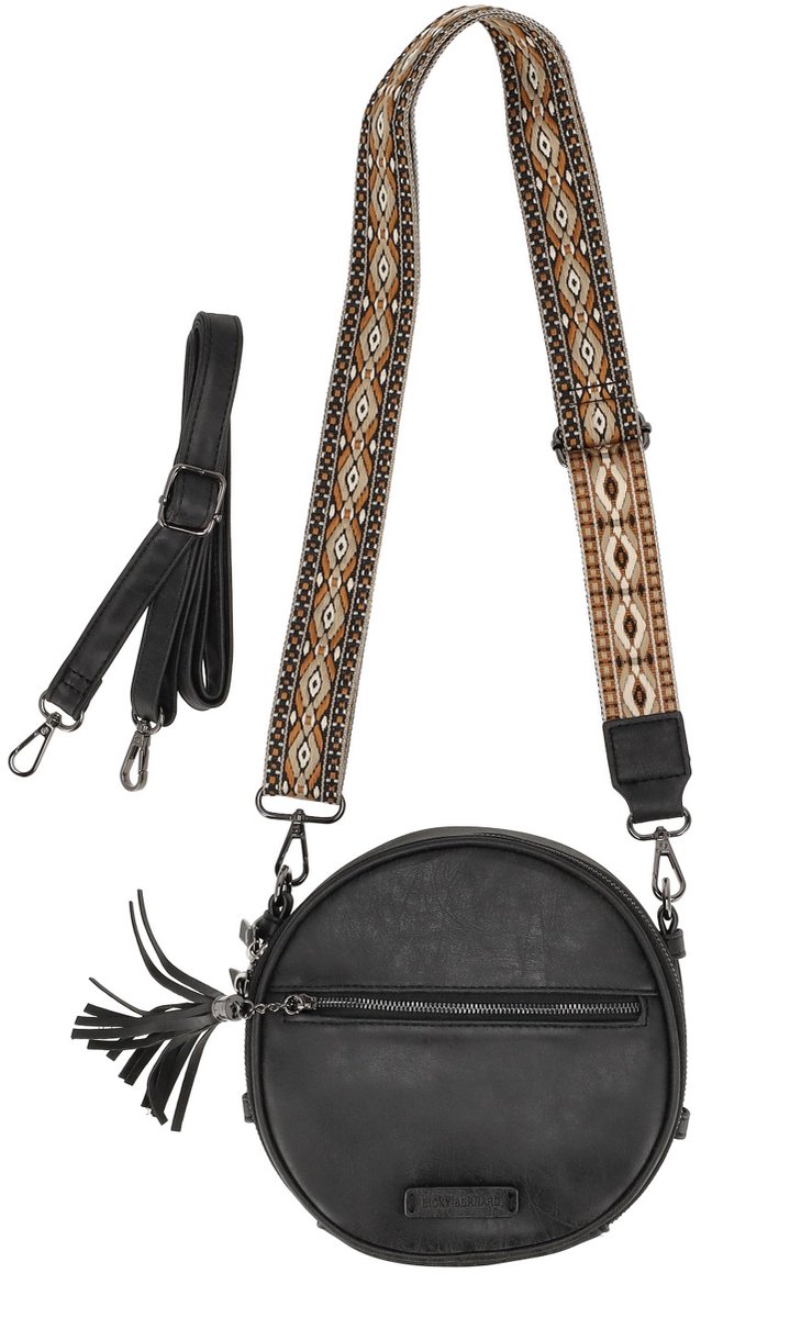 Crossbody Tas Dames Zwart met 2 Schouderbanden – Brede Bag Strap + Verstelbare Band – Kleine Schoudertas met Ritssluiting – Ronde Dames Tas – Tassenriem – Schoudertas Dames Zwart