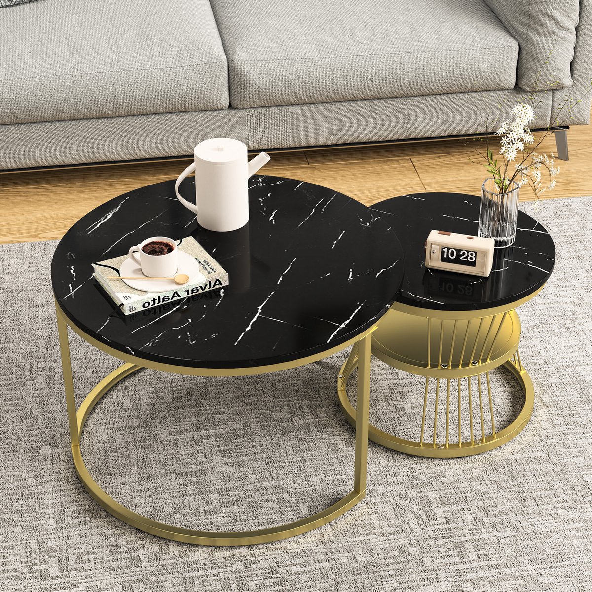Set van 2 Ronde Salontafels 70/45 cm, Moderne Salontafels, Marmeren Bijzettafel voor Woonkamer, Balkon en Kantoor, Goud en Zwart