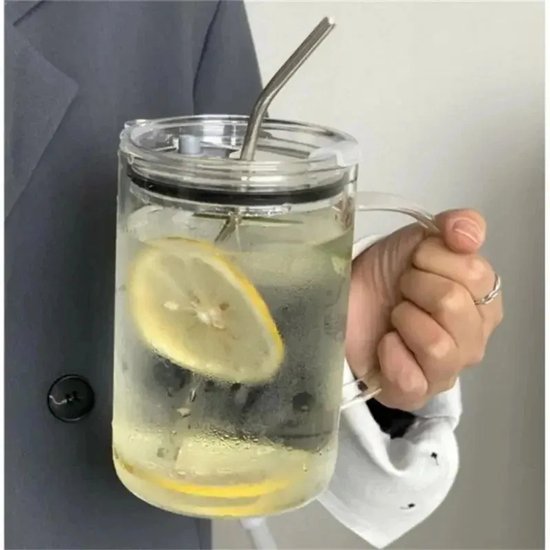 BLUEGO Glazen beker met deksel en rietje, 1400 ml ijskoffiebeker BLUEGO Glazen beker met deksel en rietje, 1400 ml ijskoffiebeker