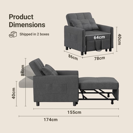 Afmetingen donkergrijze slaapbank: 64cm breed, 78cm diep, 86cm hoog als stoel. Als bed: 155cm lang, 174cm totaal.
