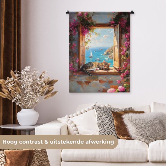 Wandkleed 60x80 cm - Wanddoek Kat - Blauwe zee - Roze bloemen - Wandtapijt - Wandkleden