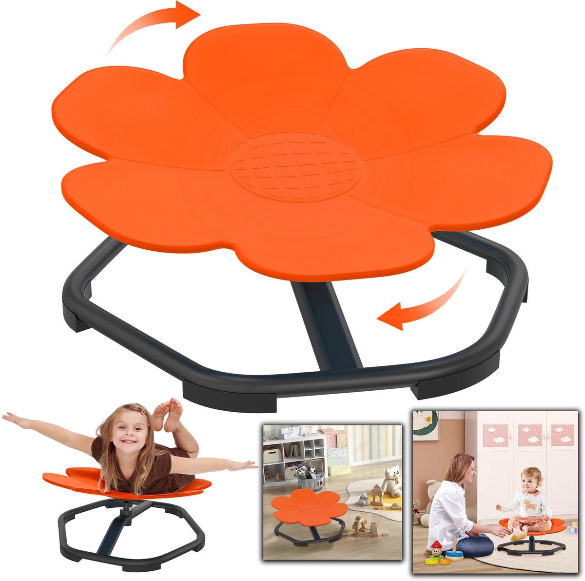 Kinder Draaistoel - Sensorische Draaistoel voor kinderen - Het bloemvormige - Stabiel Veilig - Verbeter de balans- en coördinatievaardigheden - TOT 80kg - Oranje