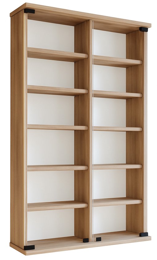 Une bibliothèque vide, haute et étroite, avec une finition en bois clair et six étagères. L'armoire a des panneaux latéraux vitrés.