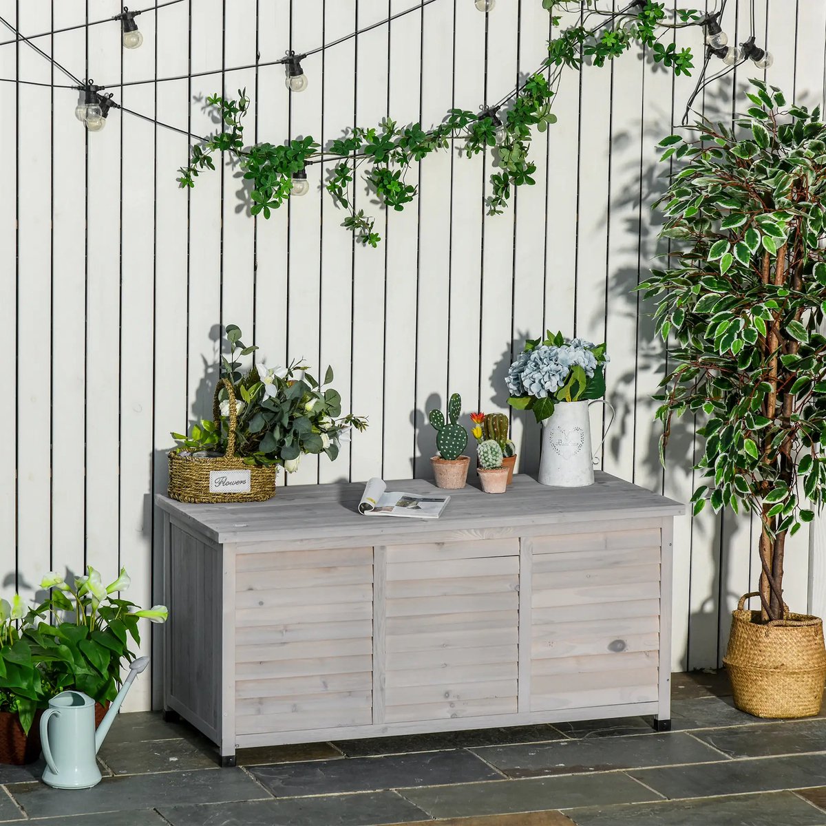 Pugsdrly Tuinbox, weerbestendig, luchtdoorlatend, kussenbox, opbergbox, vurenhout, grijs, 127 x 56 x 60 cm