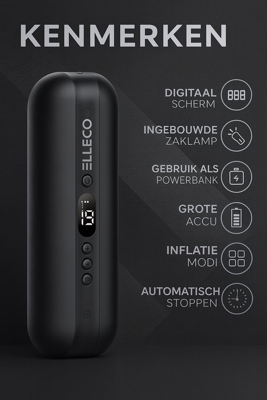 Elleco® Elektrische Fietspomp Pro - Fietspomp - Compressor - Elektrische Pomp - Lucht Compressor - Powerbank - Zaklamp - Zwart van Elleco — afbeelding 3