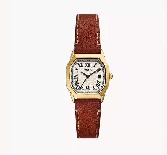 Gouden horloge met vierkante kast, crèmekleurige wijzerplaat met Romeinse cijfers en bruin leren bandje.